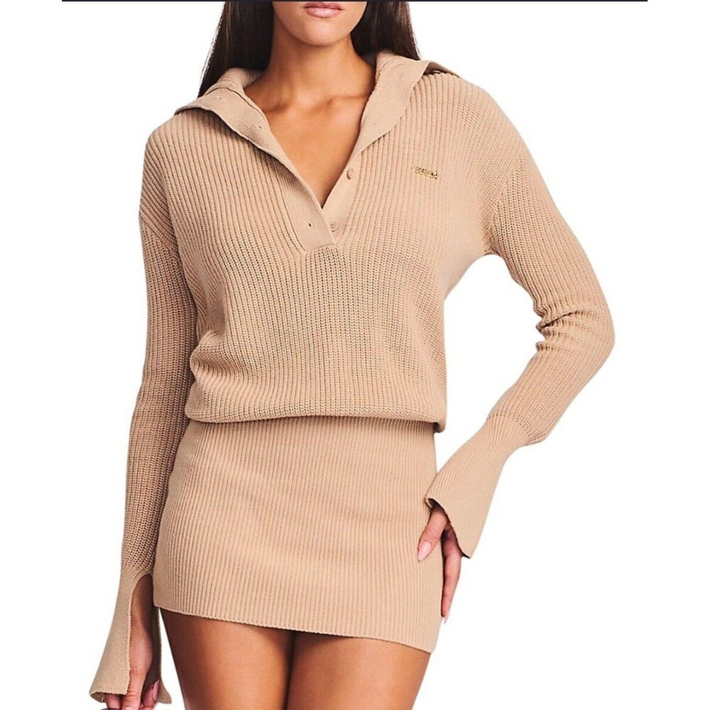 SEROYA Women's Katana Sweater Mini Dress Beuge Tan Size S Rib Knit Long Sleeve